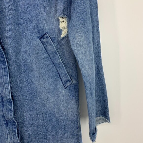 Zara Trench Coat Blue Distressed Denim Button Snap Fray Jacket - Picture 5 of 14